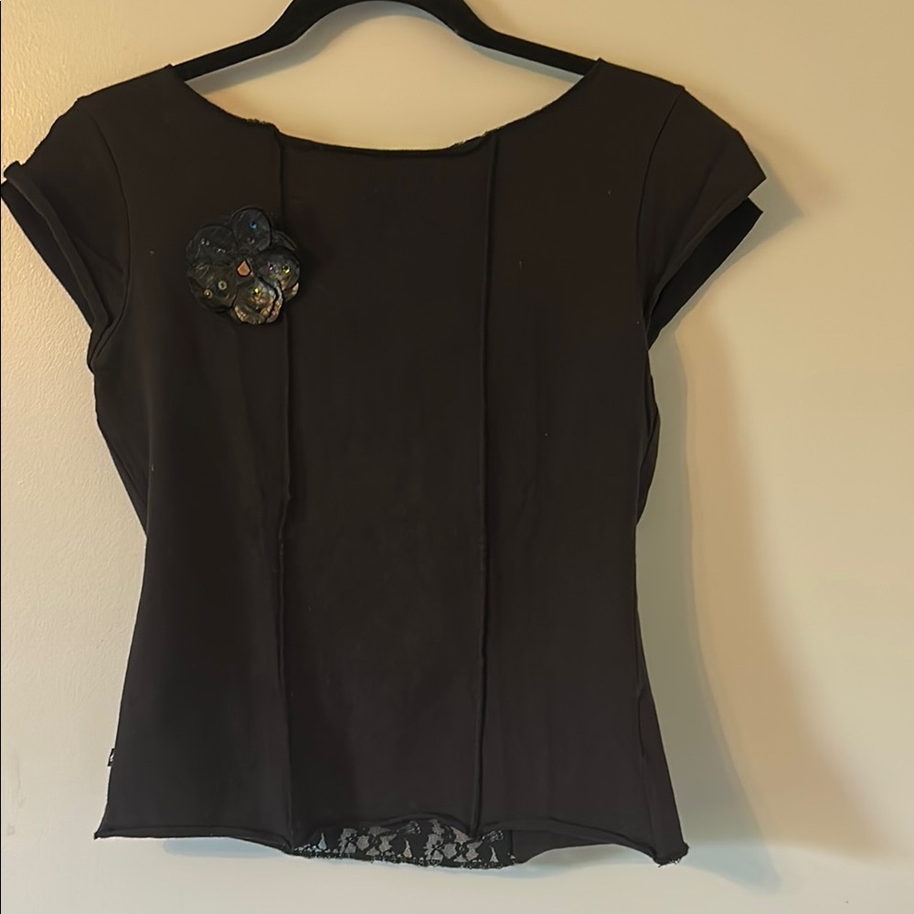 see Through Back Black Women's Top with Floral Accent